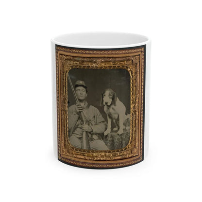 Unidentified Soldier In Confederate Uniform With Shotgun Sitting Next To Dog (U.S. Civil War) White Coffee Mug-11oz-Go Mug Yourself