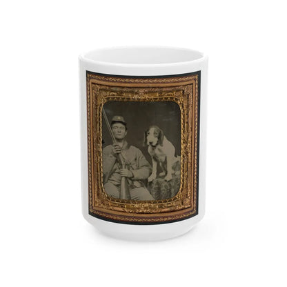 Unidentified Soldier In Confederate Uniform With Shotgun Sitting Next To Dog (U.S. Civil War) White Coffee Mug-15oz-Go Mug Yourself