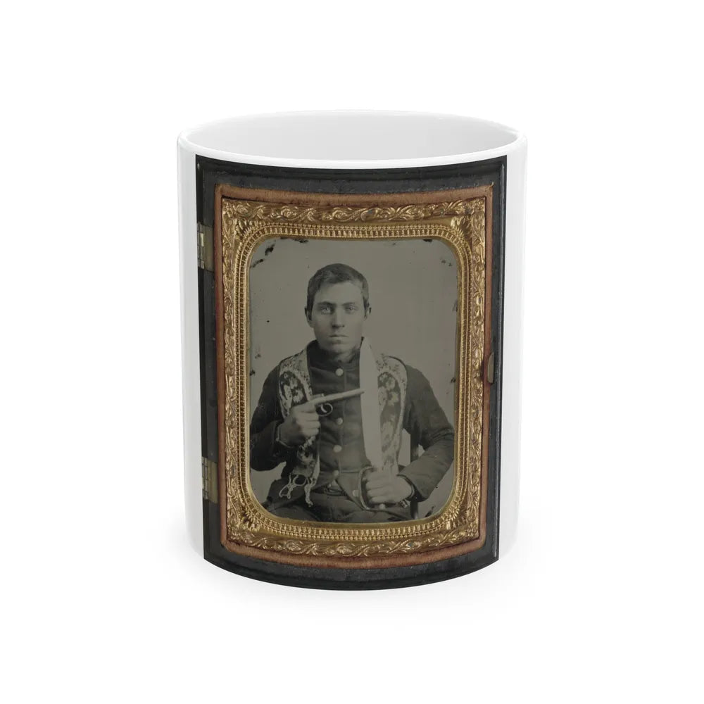 Unidentified Soldier In Confederate Uniform With Single Shot Percussion Pistol And D Guard Bowie Knife (U.S. Civil War) White Coffee Mug-11oz-Go Mug Yourself