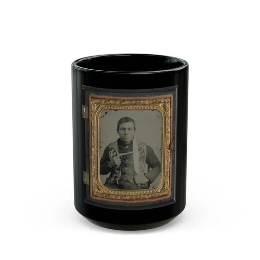 Unidentified Soldier In Confederate Uniform With Single Shot Percussion Pistol And D Guard Bowie Knife (U.S. Civil War) Black Coffee Mug 15oz - Go Mug Yourself
