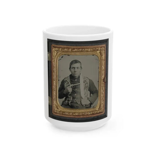Unidentified Soldier In Confederate Uniform With Single Shot Percussion Pistol And D Guard Bowie Knife (U.S. Civil War) White Coffee Mug 15oz - Go Mug Yourself