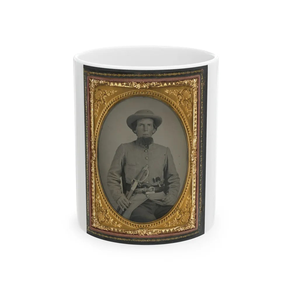 Unidentified Soldier In Confederate Uniform With Sword And Two Guns (U.S. Civil War) White Coffee Mug-11oz-Go Mug Yourself