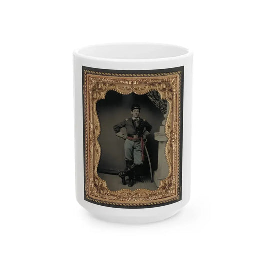 Unidentified Soldier In First Lieutenant's Uniform, Red Sash, Leather Gauntlets, And Spurs With Cavalry Sword (U.S. Civil War) White Coffee Mug 15oz - Go Mug Yourself