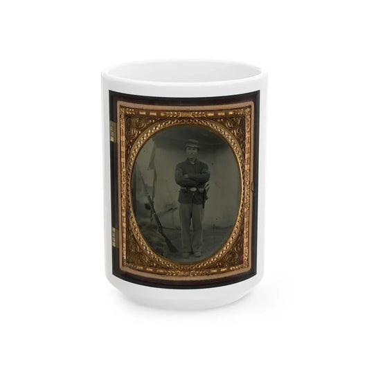 Unidentified Soldier In Infantry Sergeant Uniform With Holster And Musket In Front Of Tent (U.S. Civil War) White Coffee Mug 15oz - Go Mug Yourself