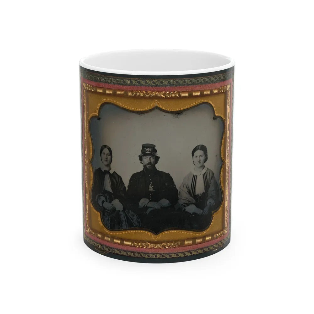 Unidentified Soldier In Infantry Uniform Sitting Between Two Women, Probably Relatives (U.S. Civil War) White Coffee Mug-11oz-Go Mug Yourself