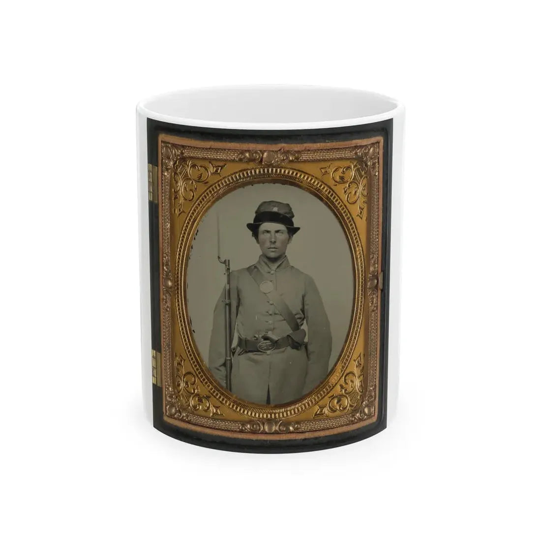 Unidentified Soldier In New Hampshire Uniform And Co. D Whipple Hat With Bayoneted Musket And Revolver (U.S. Civil War) White Coffee Mug 11oz - Go Mug Yourself