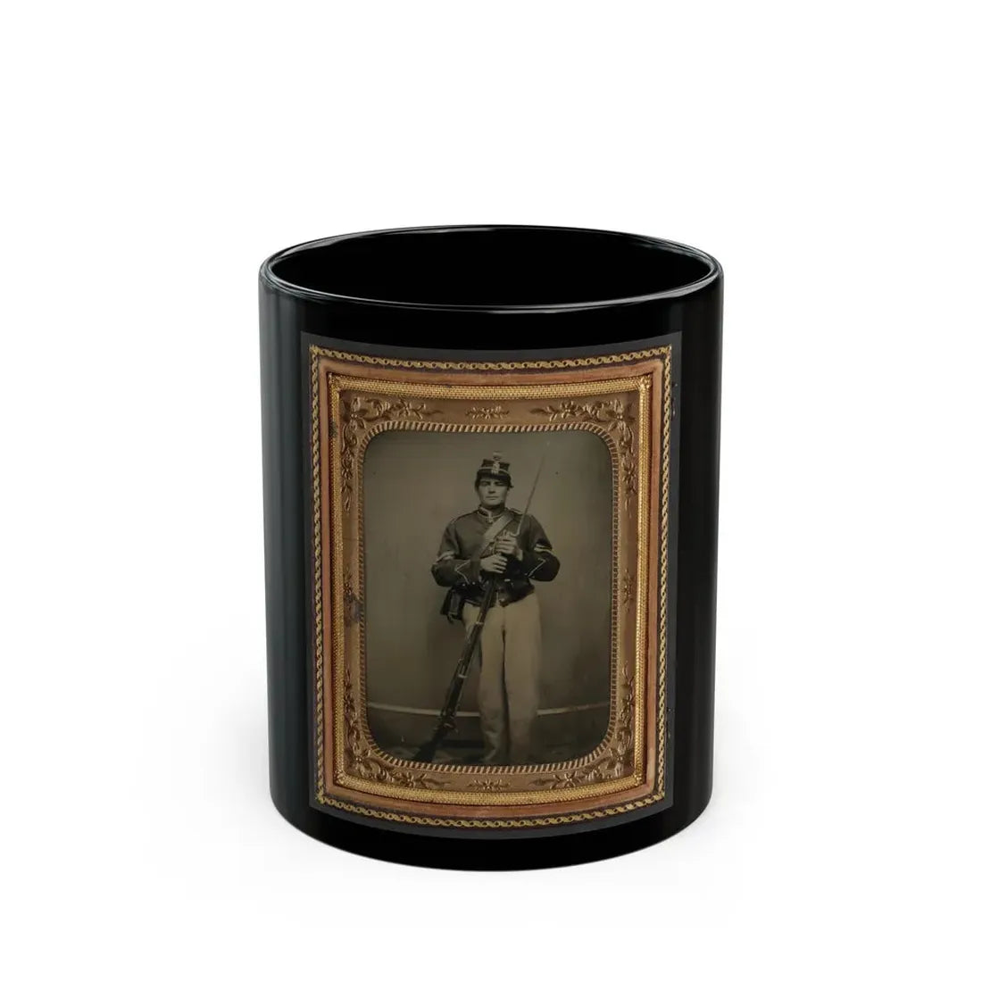 Unidentified Soldier In New York State Enlistedman's Uniform With Bayoneted Musket (U.S. Civil War) Black Coffee Mug 11oz - Go Mug Yourself