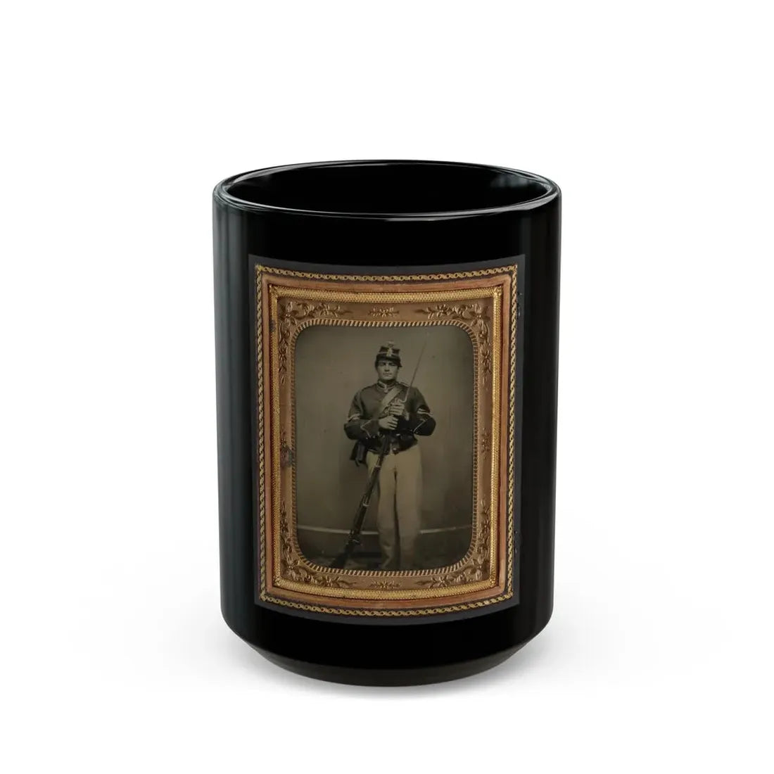 Unidentified Soldier In New York State Enlistedman's Uniform With Bayoneted Musket (U.S. Civil War) Black Coffee Mug 15oz - Go Mug Yourself