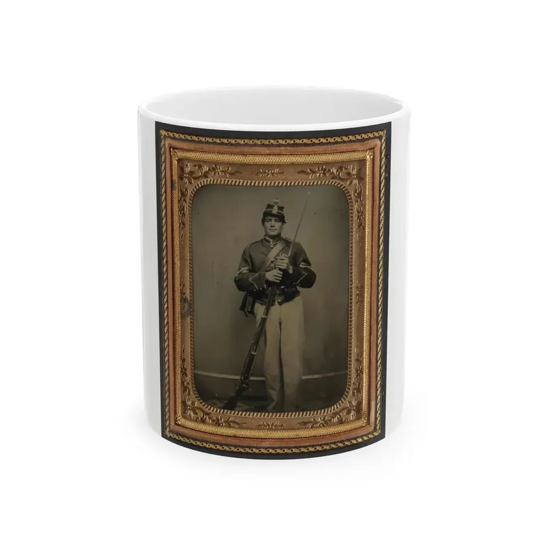 Unidentified Soldier In New York State Enlistedman's Uniform With Bayoneted Musket (U.S. Civil War) White Coffee Mug 11oz - Go Mug Yourself