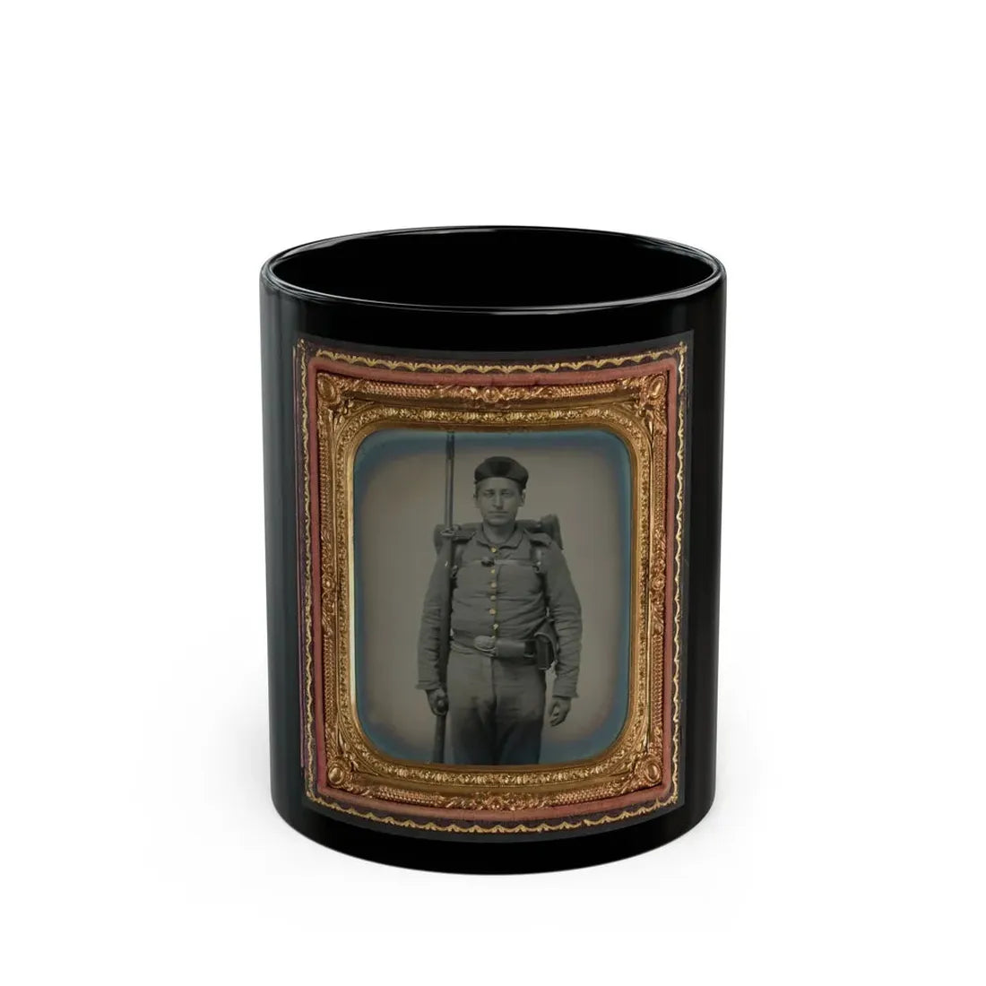 Unidentified Soldier In Ohio Volunteer Militia Uniform With Bedroll And Musket (U.S. Civil War) Black Coffee Mug 11oz - Go Mug Yourself