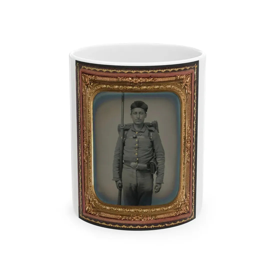 Unidentified Soldier In Ohio Volunteer Militia Uniform With Bedroll And Musket (U.S. Civil War) White Coffee Mug 11oz - Go Mug Yourself