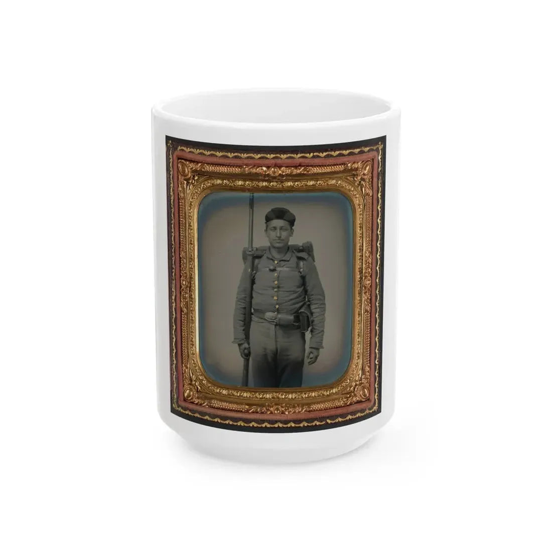 Unidentified Soldier In Ohio Volunteer Militia Uniform With Bedroll And Musket (U.S. Civil War) White Coffee Mug 15oz - Go Mug Yourself