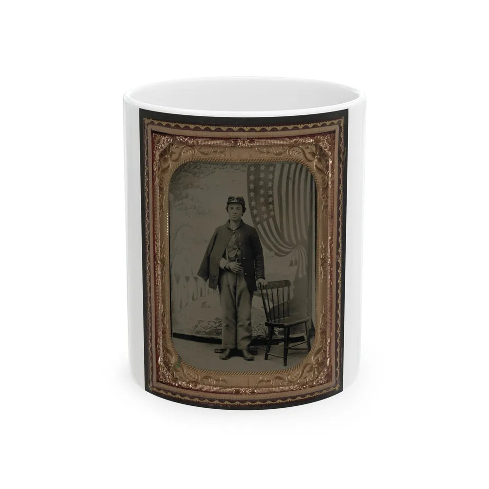 Unidentified Soldier In Uniform With Arm In Sling In Front Of Painted Backdrop Showing Military Camp And American Flag (U.S. Civil War) White Coffee Mug-11oz-Go Mug Yourself