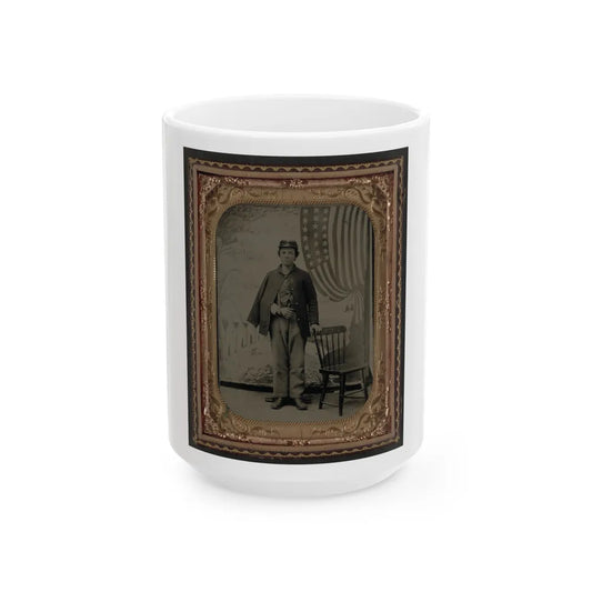 Unidentified Soldier In Uniform With Arm In Sling In Front Of Painted Backdrop Showing Military Camp And American Flag (U.S. Civil War) White Coffee Mug-15oz-Go Mug Yourself