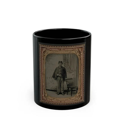 Unidentified Soldier In Uniform With Arm In Sling In Front Of Painted Backdrop Showing Military Camp And American Flag (U.S. Civil War) Black Coffee Mug 11oz - Go Mug Yourself