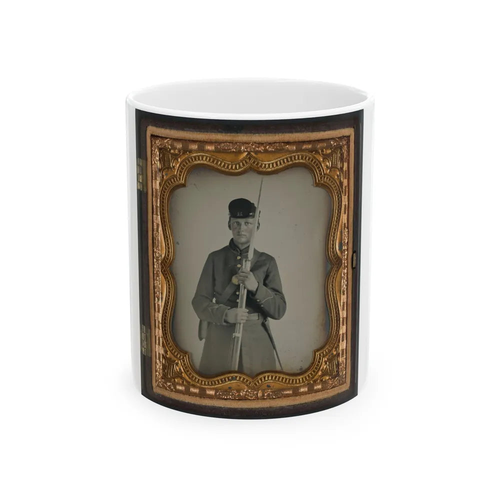 Unidentified Soldier In Uniform With Company H Hat Holding Bayoneted Musket (U.S. Civil War) White Coffee Mug-11oz-Go Mug Yourself