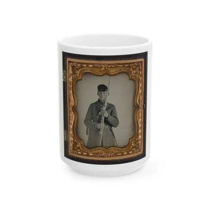 Unidentified Soldier In Uniform With Company H Hat Holding Bayoneted Musket (U.S. Civil War) White Coffee Mug-15oz-Go Mug Yourself