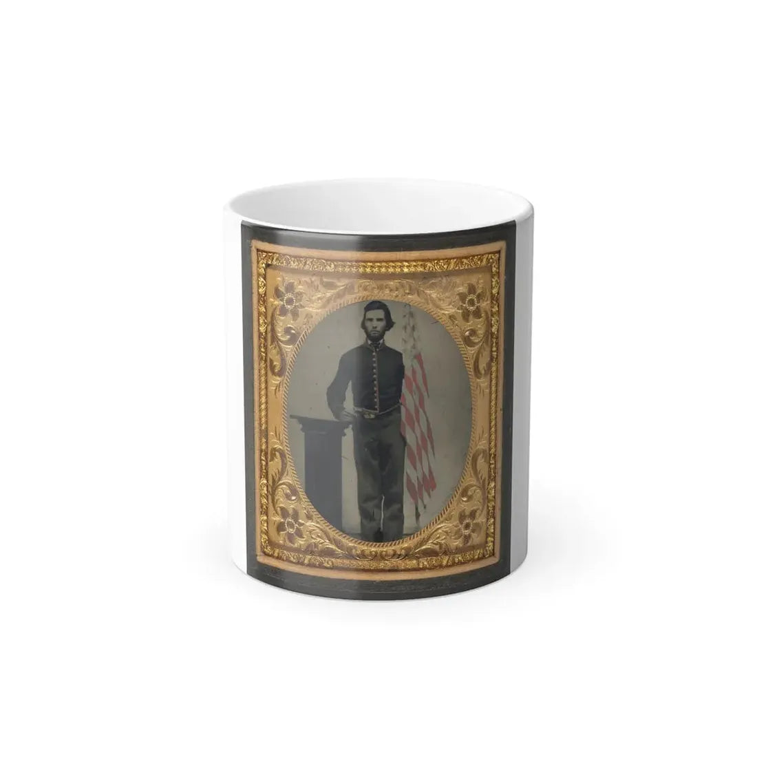 Unidentified Soldier in Union Artillery Uniform Standing Next to Pedestal Holding Revolver and American Flag (U.S. Civil War) Color Changing Coffee Mug 11oz - Go Mug Yourself