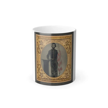 Unidentified Soldier in Union Artillery Uniform Standing Next to Pedestal Holding Revolver and American Flag (U.S. Civil War) Color Changing Coffee Mug 11oz - Go Mug Yourself