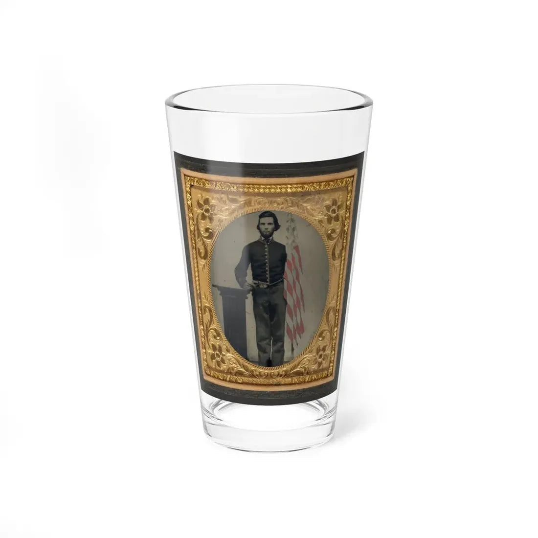 Unidentified Soldier In Union Artillery Uniform Standing Next To Pedestal Holding Revolver And American Flag (U.S. Civil War) Pint Glass 16oz 16oz - Go Mug Yourself