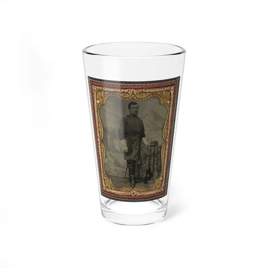 Unidentified Soldier In Union Captain's Uniform With U.S. Medical Service Hat In Front Of Painted Backdrop Showing Landscape (U.S. Civil War) Pint Glass 16oz 16oz - Go Mug Yourself