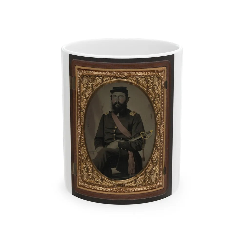 Unidentified Soldier In Union Captain Uniform With Crimson Sash Holding Cavalry Saber (U.S. Civil War) White Coffee Mug-11oz-Go Mug Yourself