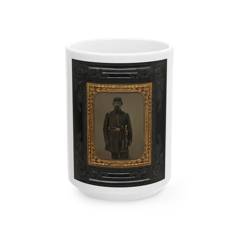 Unidentified Soldier In Union Captain's Frock Coat And Officer's Sash With Sheathed Sword And Revolver (U.S. Civil War) White Coffee Mug-15oz-Go Mug Yourself