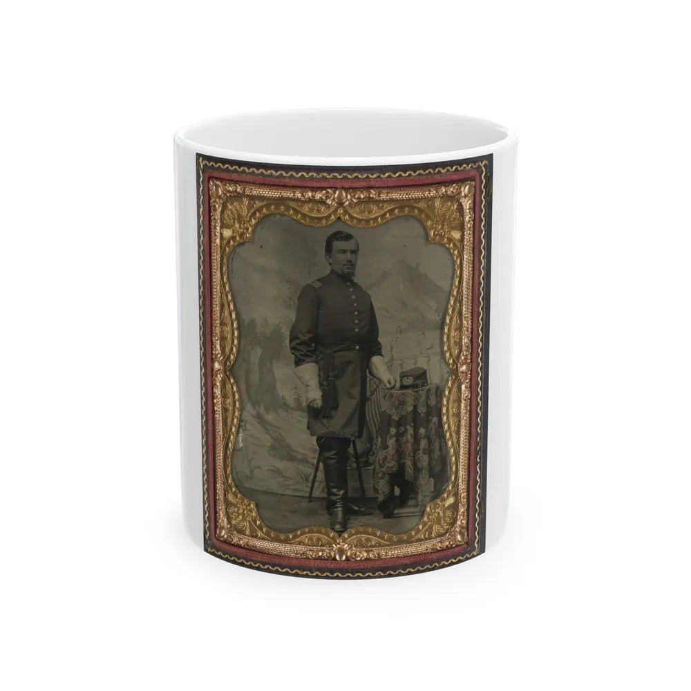 Unidentified Soldier In Union Captain's Uniform With U.S. Medical Service Hat In Front Of Painted Backdrop Showing Landscape (U.S. Civil War) White Coffee Mug-11oz-Go Mug Yourself