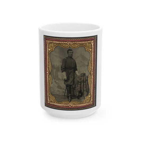 Unidentified Soldier In Union Captain's Uniform With U.S. Medical Service Hat In Front Of Painted Backdrop Showing Landscape (U.S. Civil War) White Coffee Mug-15oz-Go Mug Yourself