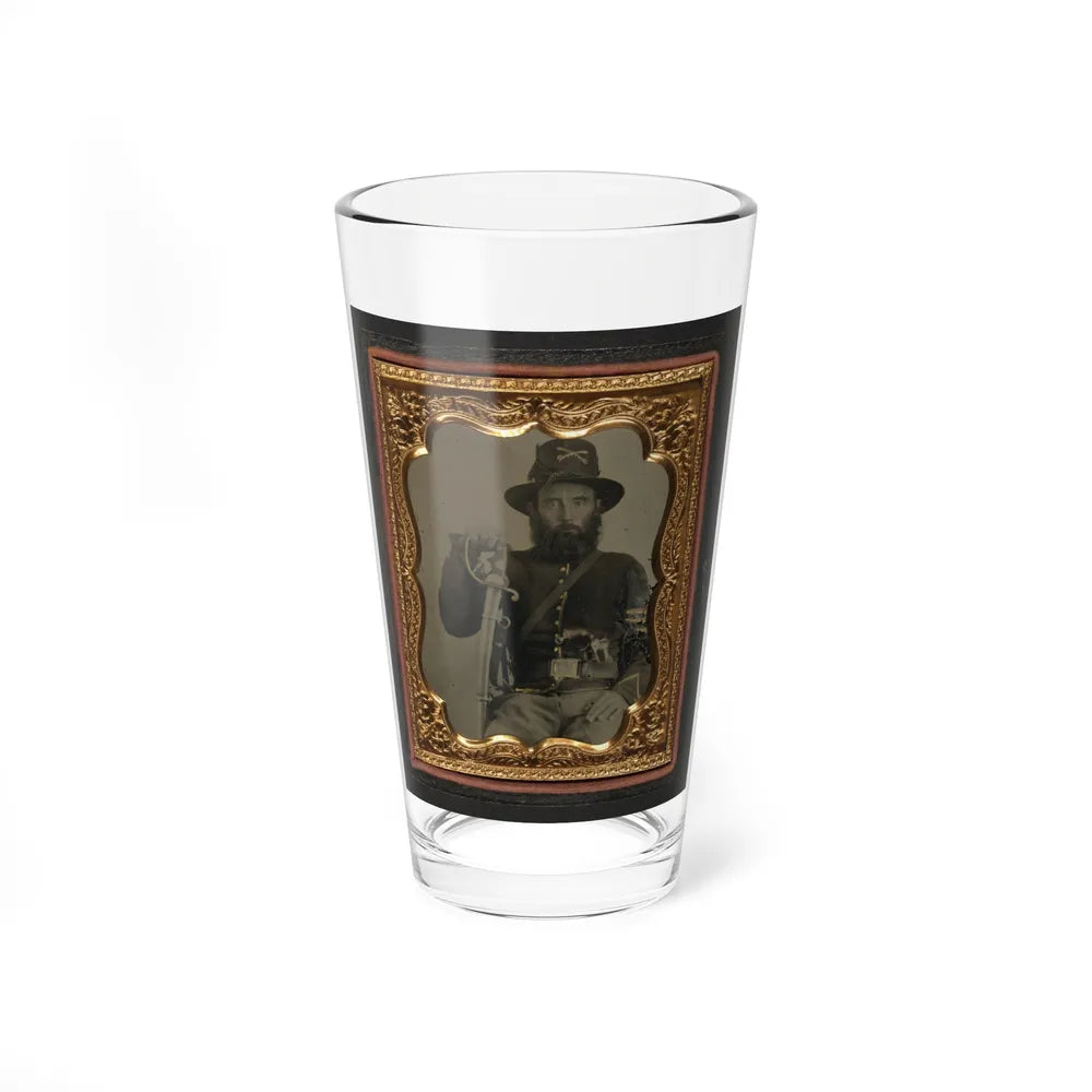 Unidentified Soldier In Union Cavalry Uniform And Hardee Hat With European Import Saber And French Lefaucheux Pinfire Revolver (U.S. Civil War) Pint Glass 16oz-16oz-Go Mug Yourself