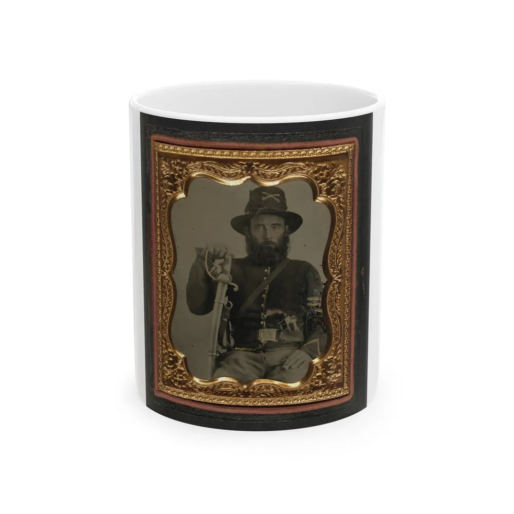 Unidentified Soldier In Union Cavalry Uniform And Hardee Hat With European Import Saber And French Lefaucheux Pinfire Revolver (U.S. Civil War) White Coffee Mug-11oz-Go Mug Yourself