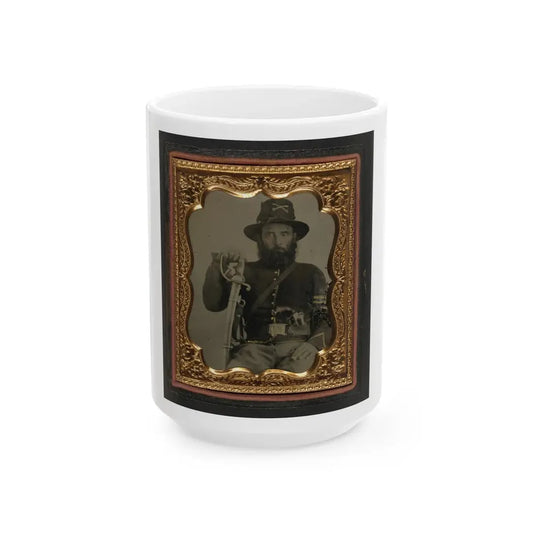 Unidentified Soldier In Union Cavalry Uniform And Hardee Hat With European Import Saber And French Lefaucheux Pinfire Revolver (U.S. Civil War) White Coffee Mug 15oz - Go Mug Yourself