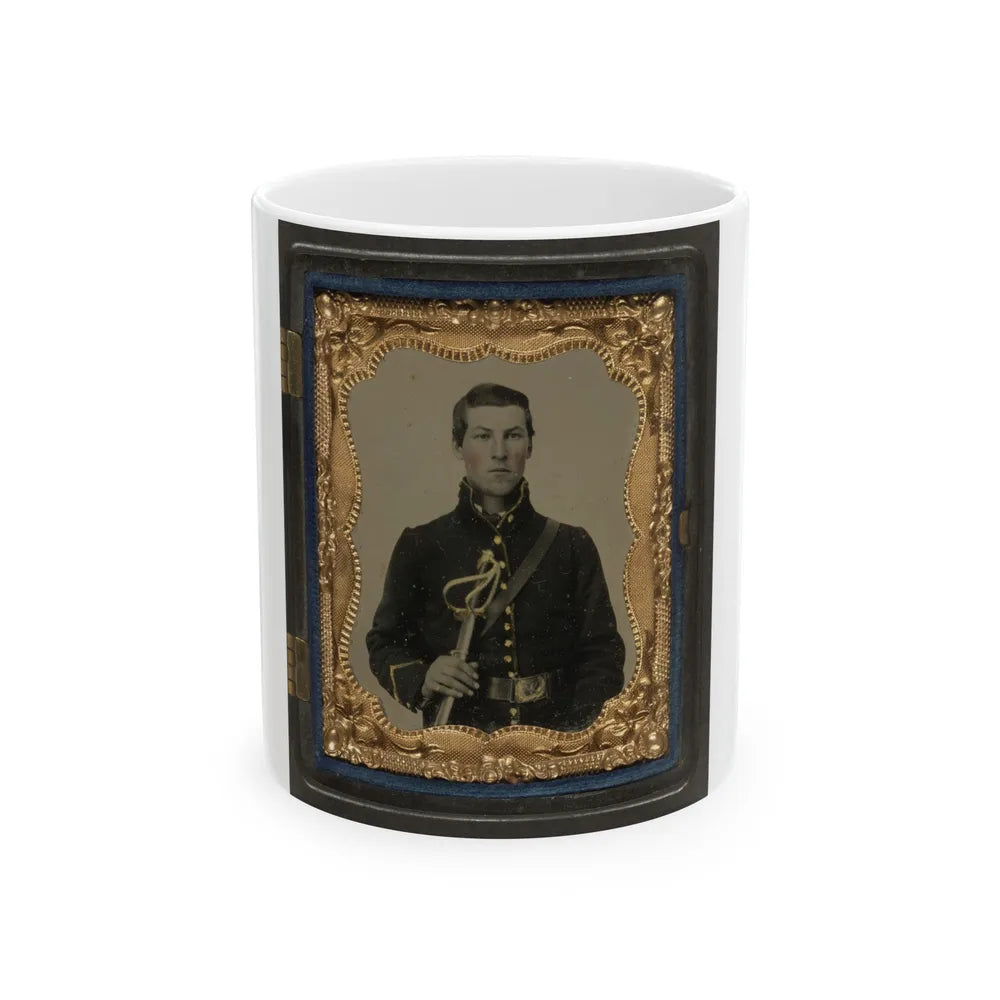 Unidentified Soldier In Union Cavalry Uniform Holding Saber (U.S. Civil War) White Coffee Mug-11oz-Go Mug Yourself