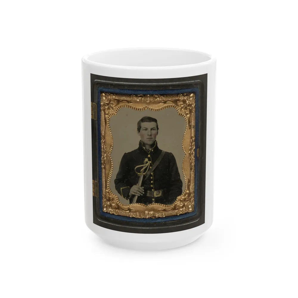 Unidentified Soldier In Union Cavalry Uniform Holding Saber (U.S. Civil War) White Coffee Mug-15oz-Go Mug Yourself