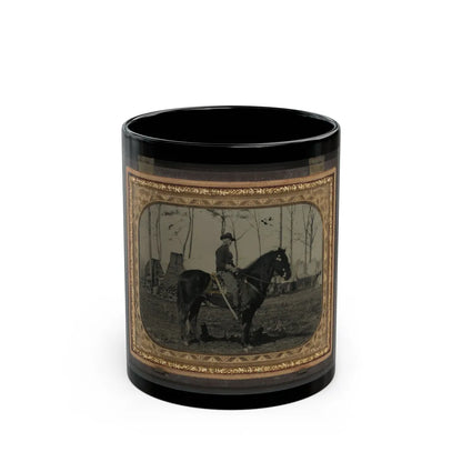 Unidentified Soldier In Union Cavalry Uniform, On Horse, With Cavalry Saber, In Front Of Encampment With Winter Chimneys (U.S. Civil War) Black Coffee Mug-11oz-Go Mug Yourself