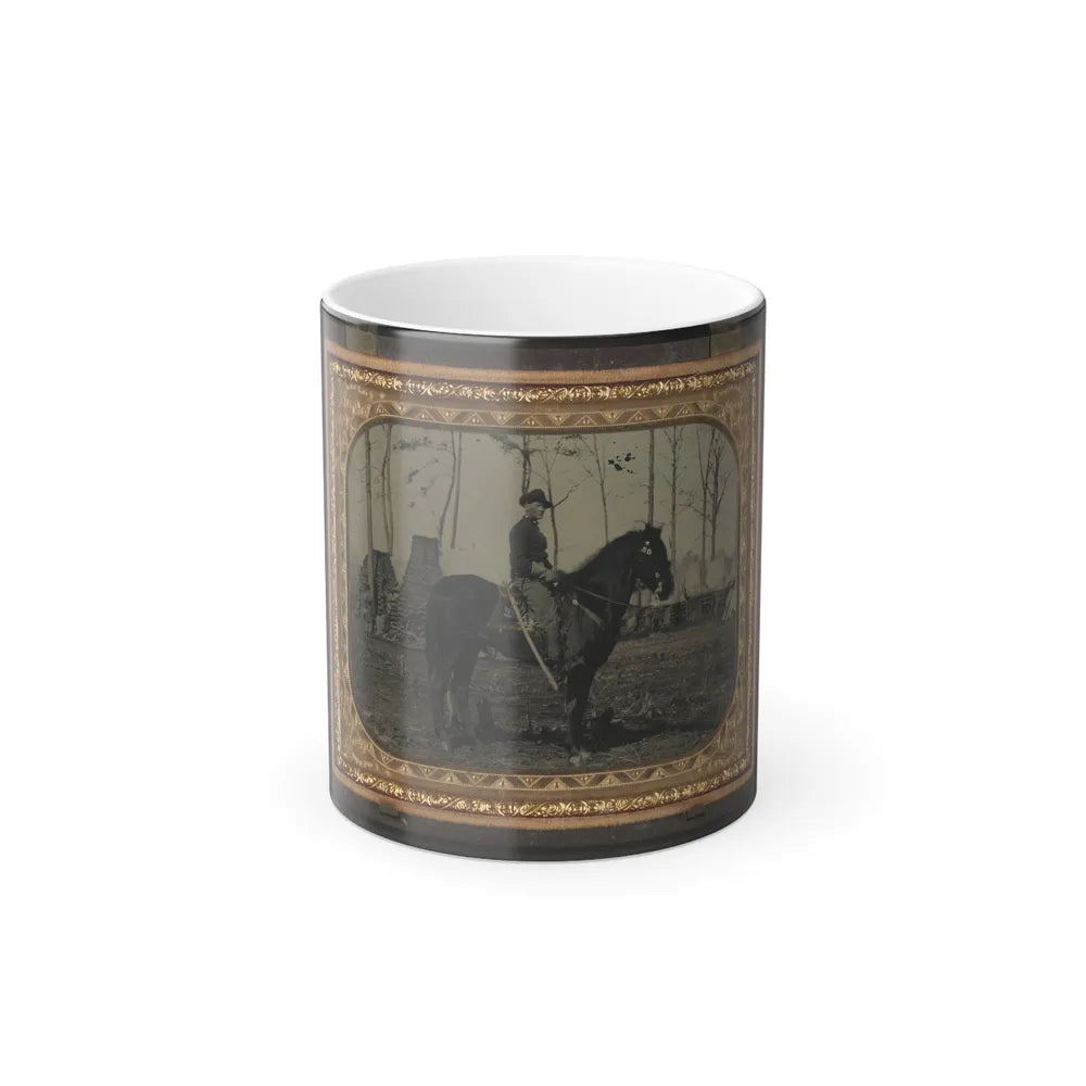 Unidentified Soldier in Union Cavalry Uniform, on Horse, With Cavalry Saber, in Front of Encampment With Winter Chimneys (U.S. Civil War) Color Changing Coffee Mug 11oz-11oz-Go Mug Yourself