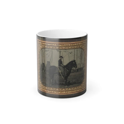 Unidentified Soldier in Union Cavalry Uniform, on Horse, With Cavalry Saber, in Front of Encampment With Winter Chimneys (U.S. Civil War) Color Changing Coffee Mug 11oz-11oz-Go Mug Yourself