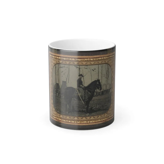 Unidentified Soldier in Union Cavalry Uniform, on Horse, With Cavalry Saber, in Front of Encampment With Winter Chimneys (U.S. Civil War) Color Changing Coffee Mug 11oz-11oz-Go Mug Yourself