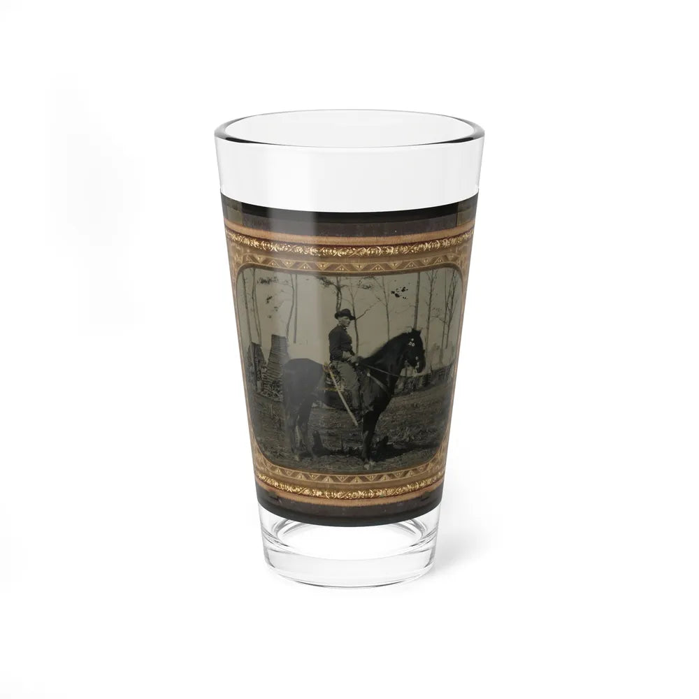 Unidentified Soldier In Union Cavalry Uniform, On Horse, With Cavalry Saber, In Front Of Encampment With Winter Chimneys (U.S. Civil War) Pint Glass 16oz-16oz-Go Mug Yourself