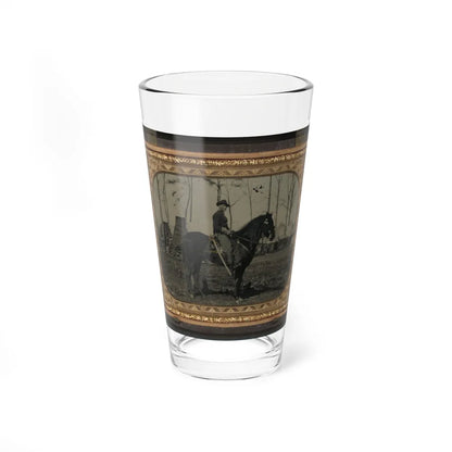 Unidentified Soldier In Union Cavalry Uniform, On Horse, With Cavalry Saber, In Front Of Encampment With Winter Chimneys (U.S. Civil War) Pint Glass 16oz-16oz-Go Mug Yourself