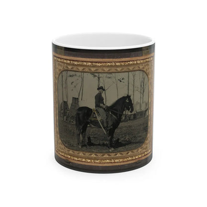 Unidentified Soldier In Union Cavalry Uniform, On Horse, With Cavalry Saber, In Front Of Encampment With Winter Chimneys (U.S. Civil War) White Coffee Mug-11oz-Go Mug Yourself