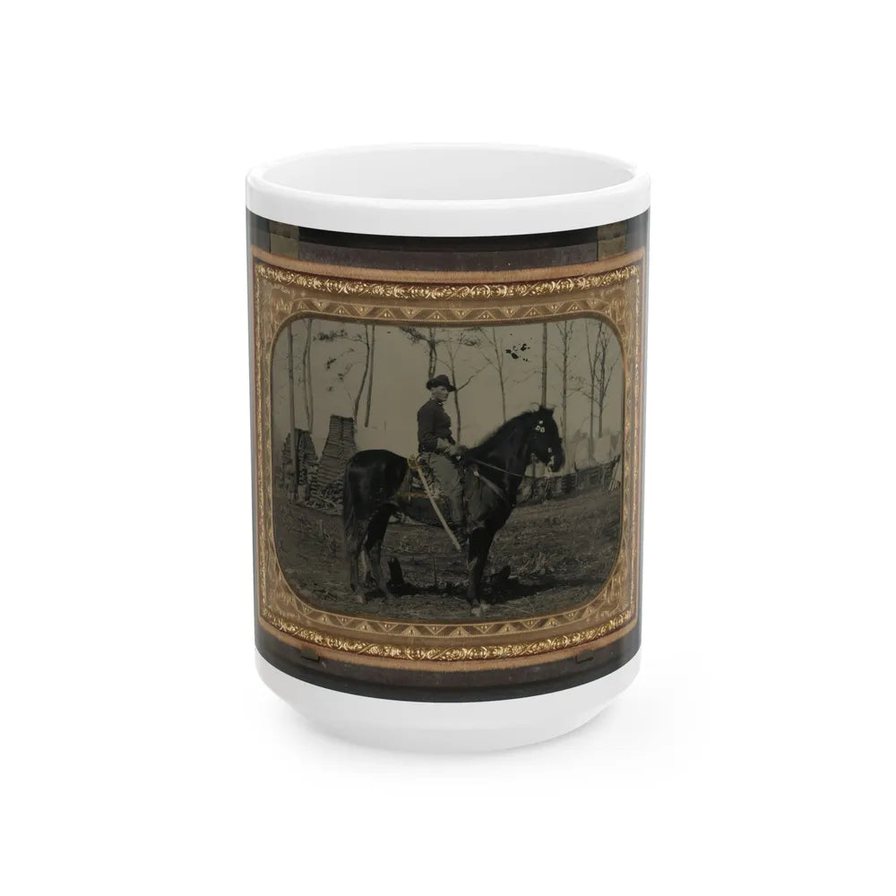 Unidentified Soldier In Union Cavalry Uniform, On Horse, With Cavalry Saber, In Front Of Encampment With Winter Chimneys (U.S. Civil War) White Coffee Mug-15oz-Go Mug Yourself