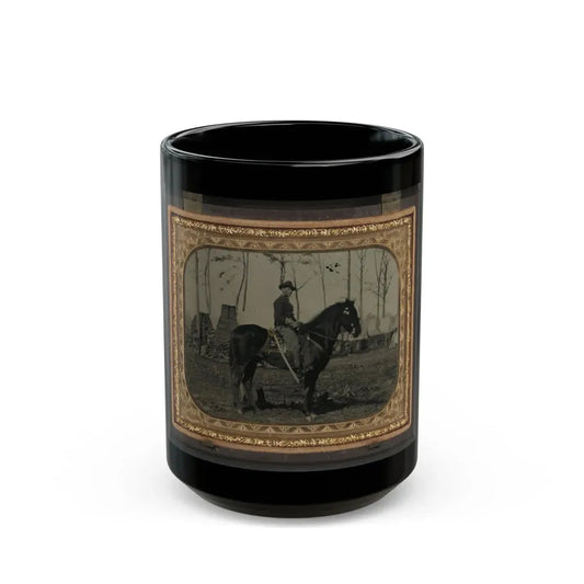 Unidentified Soldier In Union Cavalry Uniform, On Horse, With Cavalry Saber, In Front Of Encampment With Winter Chimneys (U.S. Civil War) Black Coffee Mug 15oz - Go Mug Yourself