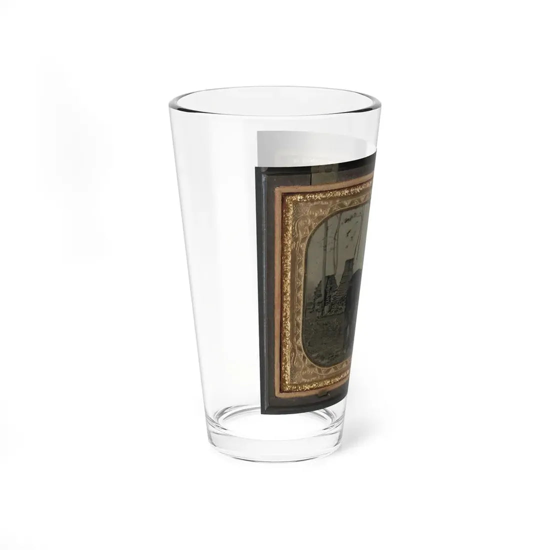 Unidentified Soldier In Union Cavalry Uniform, On Horse, With Cavalry Saber, In Front Of Encampment With Winter Chimneys (U.S. Civil War) Pint Glass 16oz - Go Mug Yourself