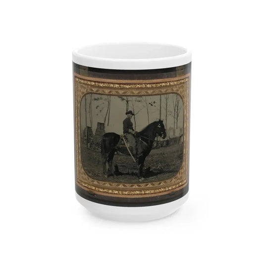 Unidentified Soldier In Union Cavalry Uniform, On Horse, With Cavalry Saber, In Front Of Encampment With Winter Chimneys (U.S. Civil War) White Coffee Mug 15oz - Go Mug Yourself