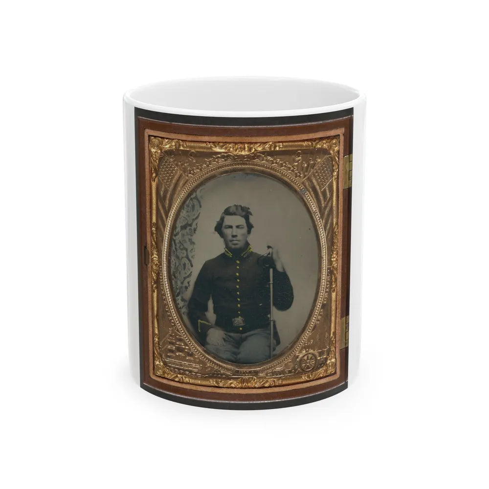 Unidentified Soldier In Union Cavalry Uniform Sitting With Saber (U.S. Civil War) White Coffee Mug-11oz-Go Mug Yourself