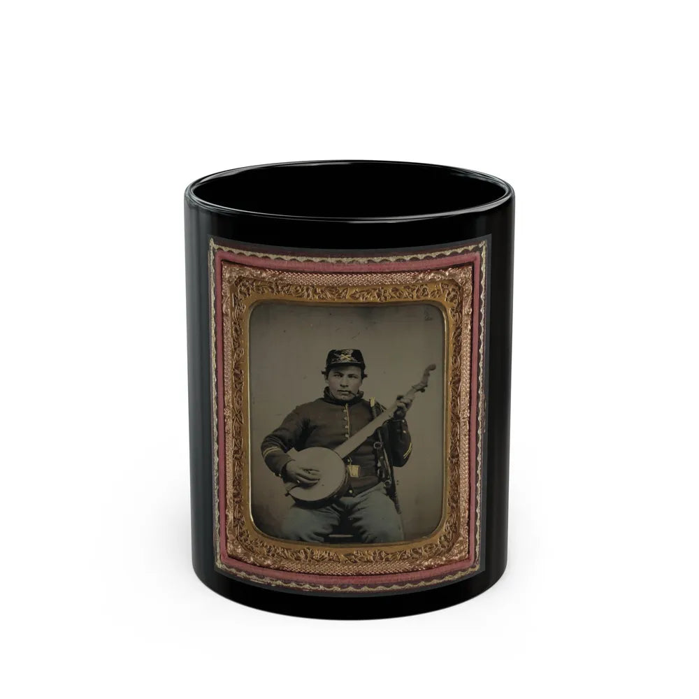 Unidentified Soldier In Union Cavalry Uniform With Banjo, Sword, And Pipe (U.S. Civil War) Black Coffee Mug-11oz-Go Mug Yourself