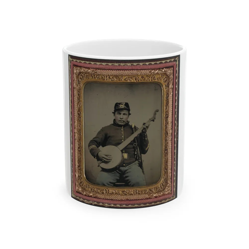 Unidentified Soldier In Union Cavalry Uniform With Banjo, Sword, And Pipe (U.S. Civil War) White Coffee Mug-11oz-Go Mug Yourself