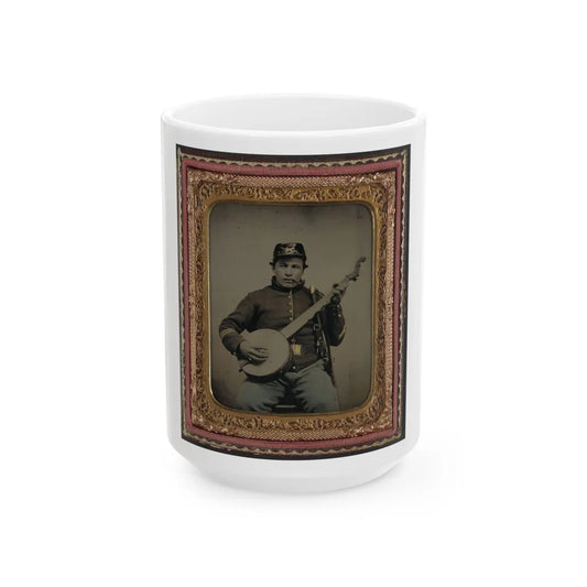 Unidentified Soldier In Union Cavalry Uniform With Banjo, Sword, And Pipe (U.S. Civil War) White Coffee Mug-15oz-Go Mug Yourself