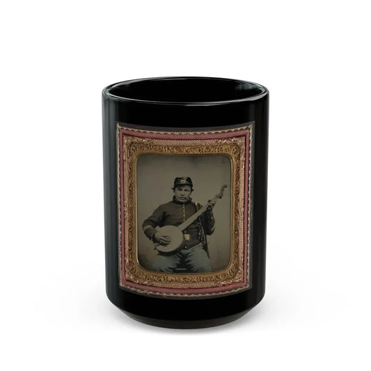 Unidentified Soldier In Union Cavalry Uniform With Banjo, Sword, And Pipe (U.S. Civil War) Black Coffee Mug 15oz - Go Mug Yourself